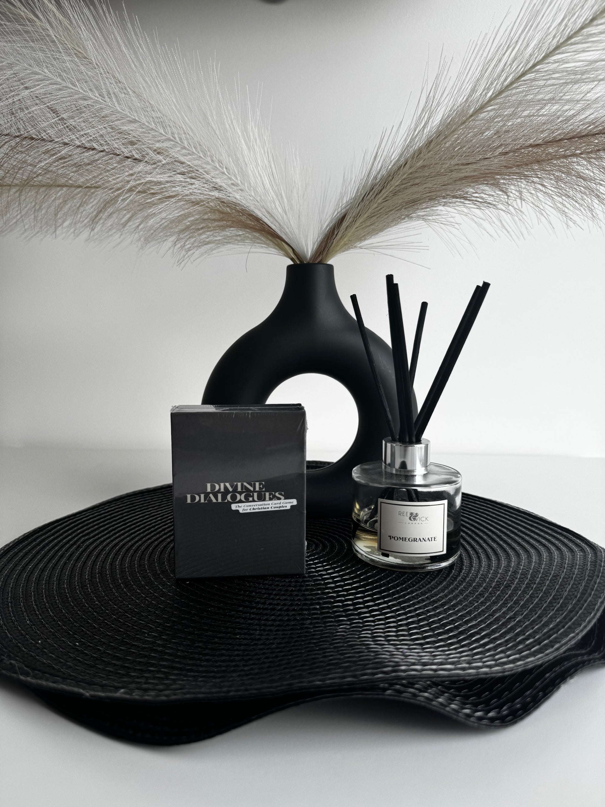 Full Divine Dialogues product setup with box, cards and diffuser on tray